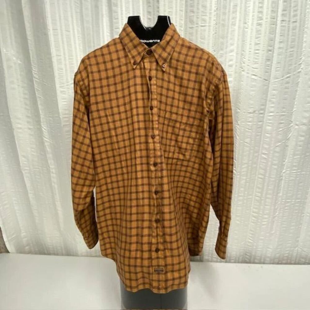 Robert Talbott Mens L Flannel Shirt Brown Plaid Button Down Made Hong Kong(324-3